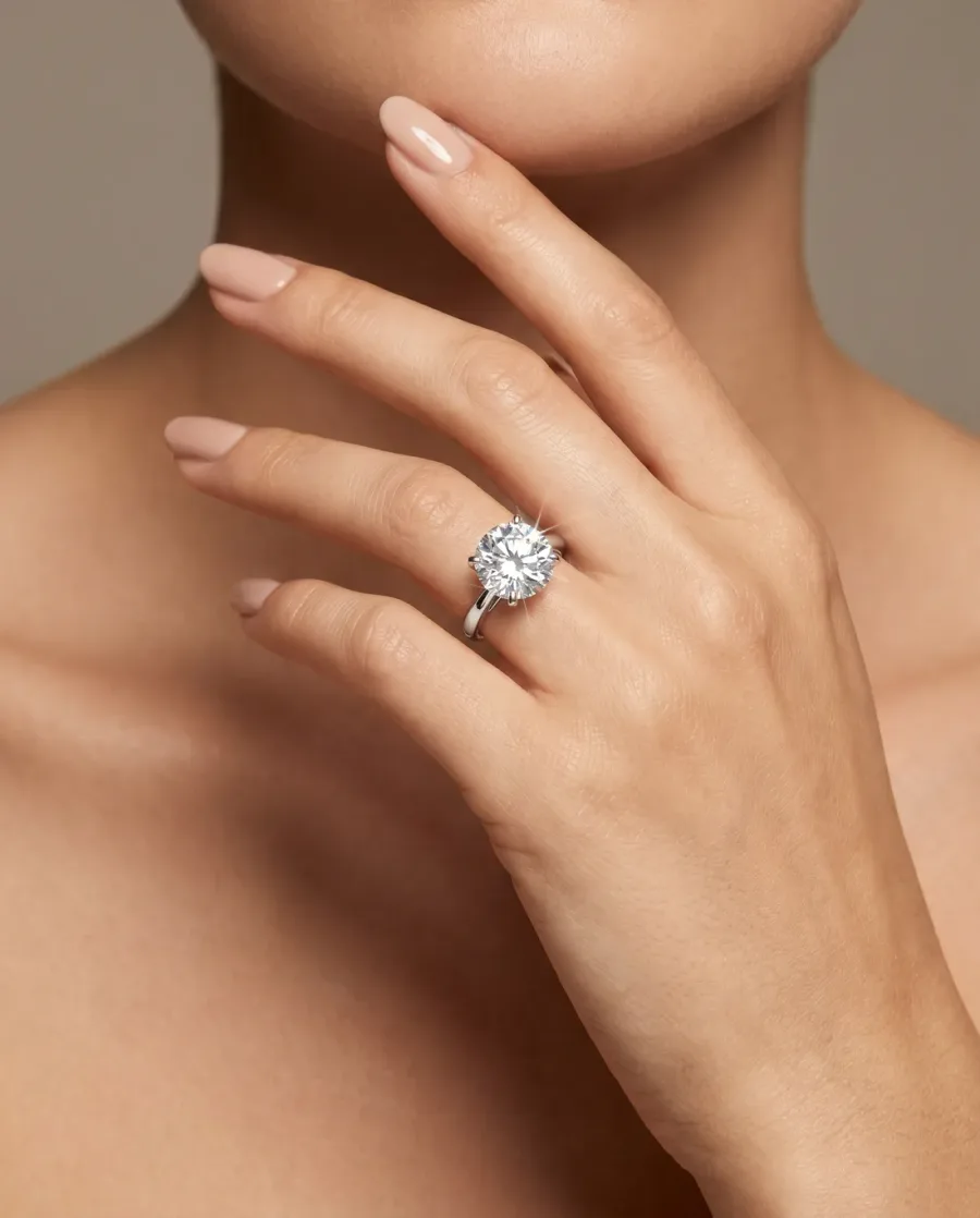 Anel solitário de diamante em uma mão de modelo, gerado pelo Studio de IA