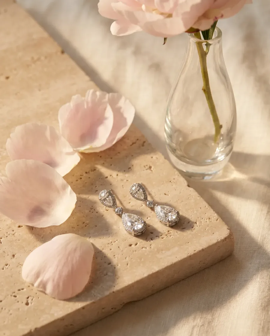 Brincos de diamante em cenário com pétalas, gerado por IA