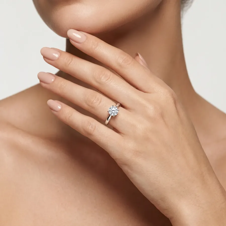 Em modelo: mesmo anel de diamante no estúdio de IA do Provador de Joias